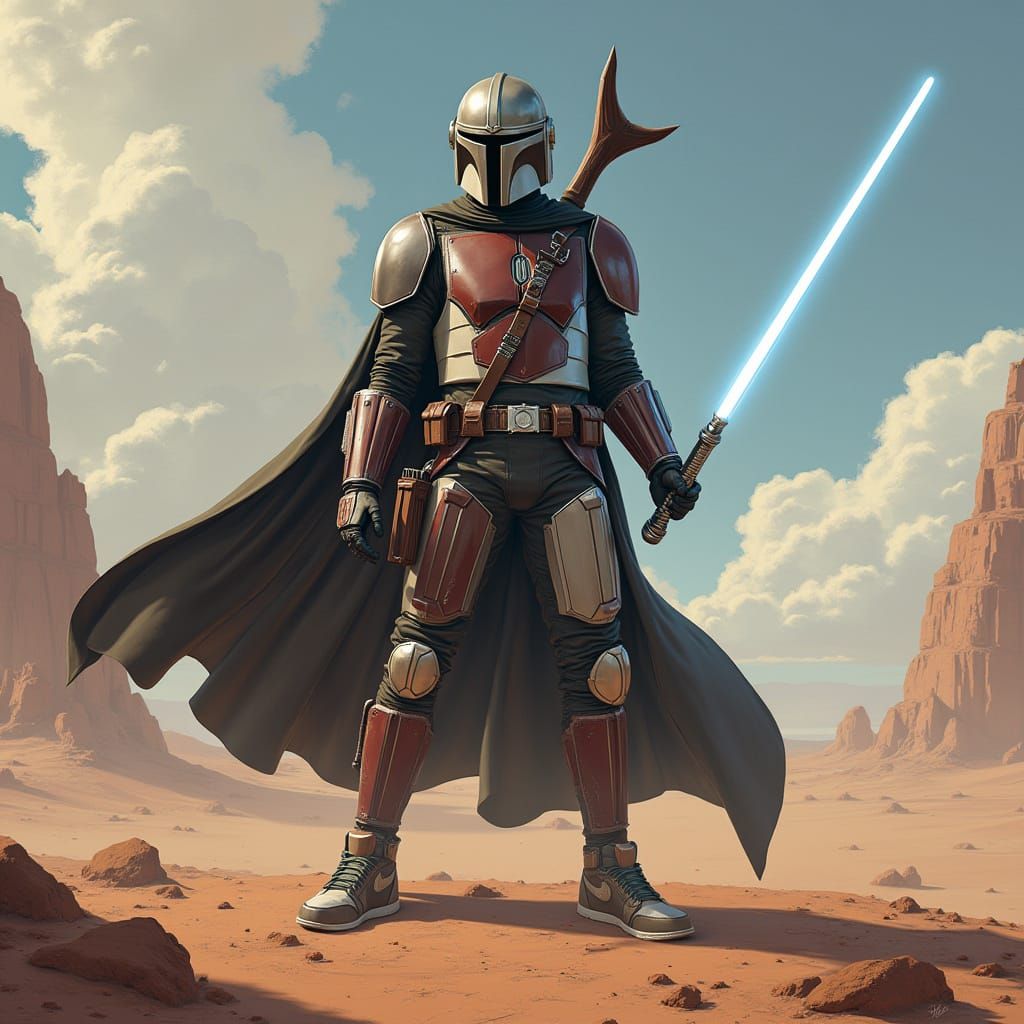 The Mandalorian in Beskar Armor with Light Sabre