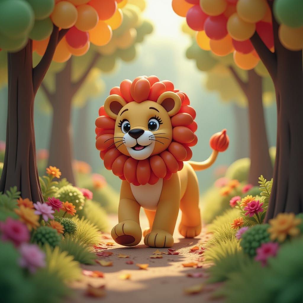 Balloon Lion Strolls Through Whimsical Forest