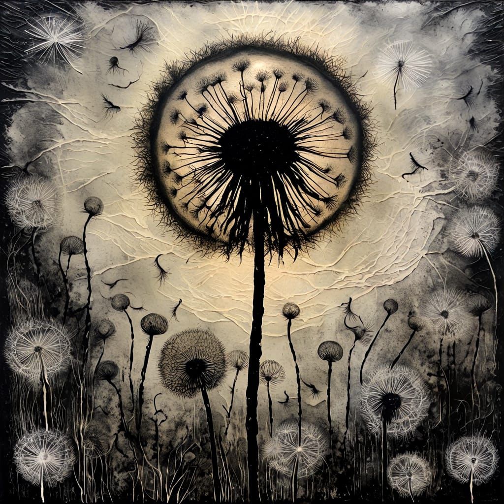 Macabre Moonlit Dandelion in Scratchboard Style