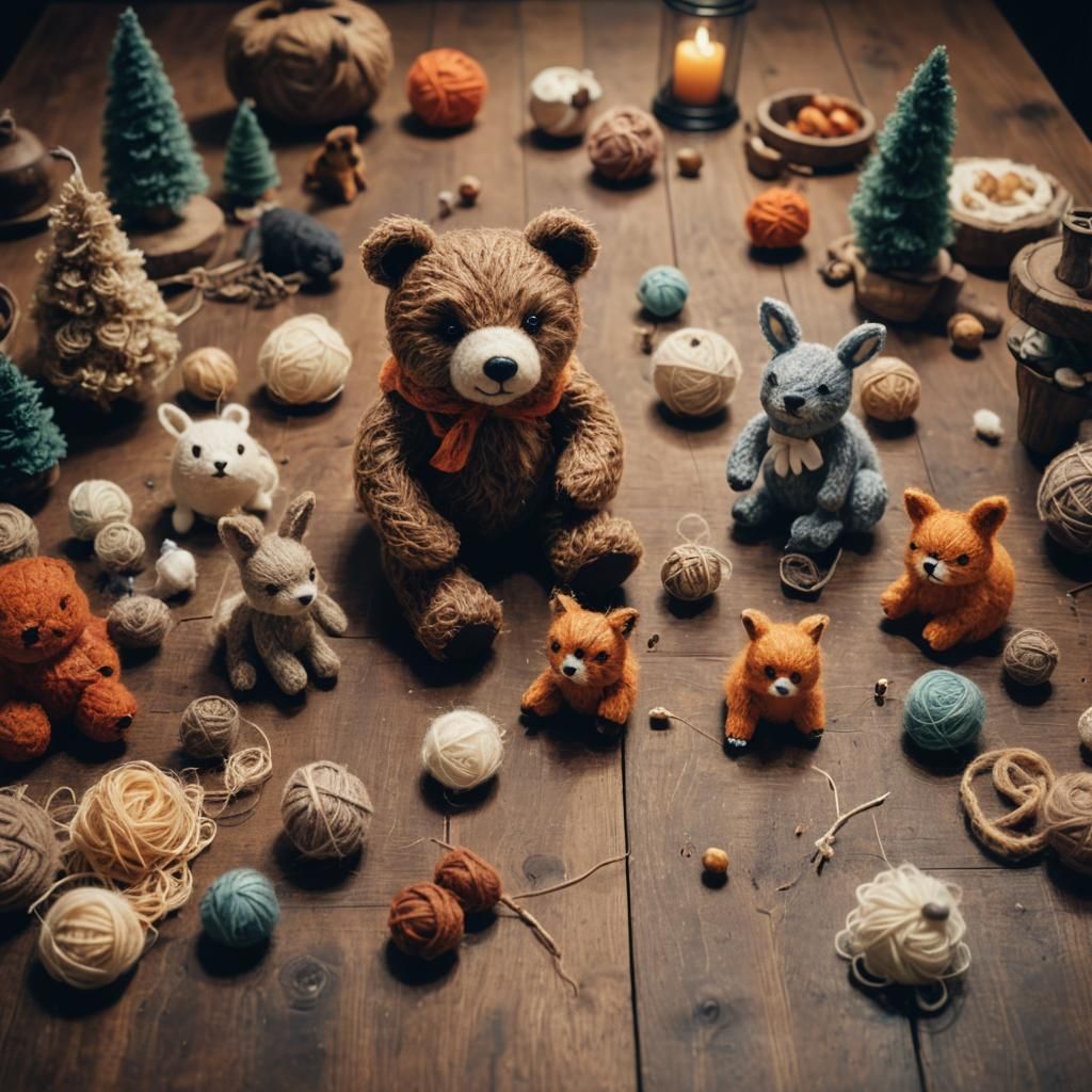 Wool Animals on Table in Cinematic Film Still