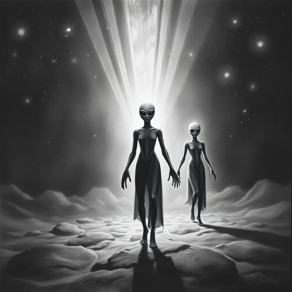 Blue Pleiades Aliens Arrive at Night: Charcoal Drawing