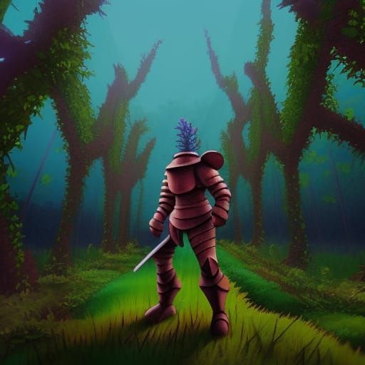 Brave Knight vs Vines: Modern Brutalist Oil Painting