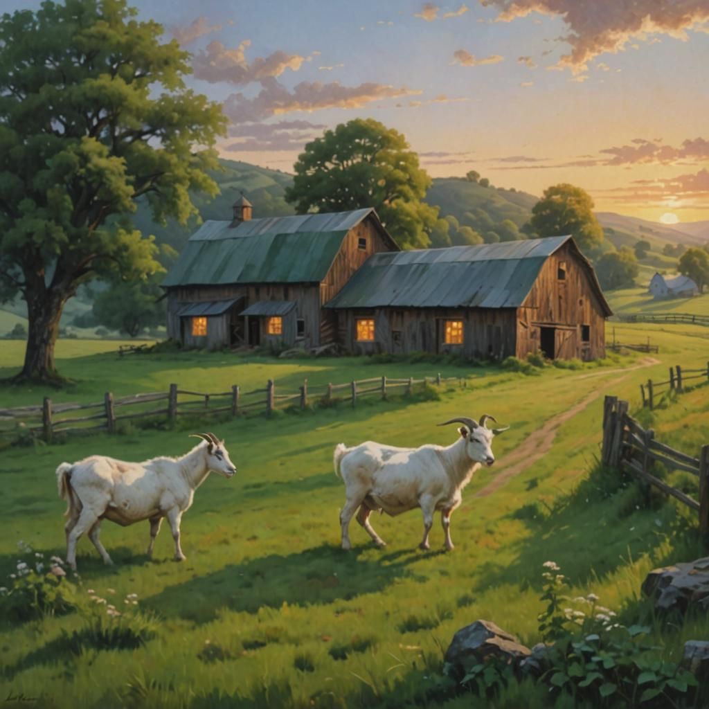 Sunset Farm Landscape Painting with Grazing Goat