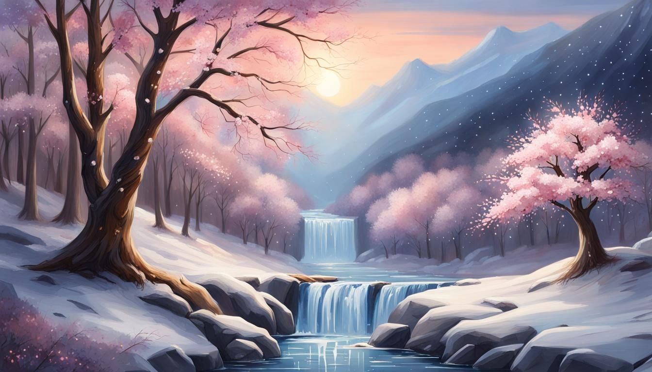 Winter Waterfall River Landscape in Oil and Watercolor