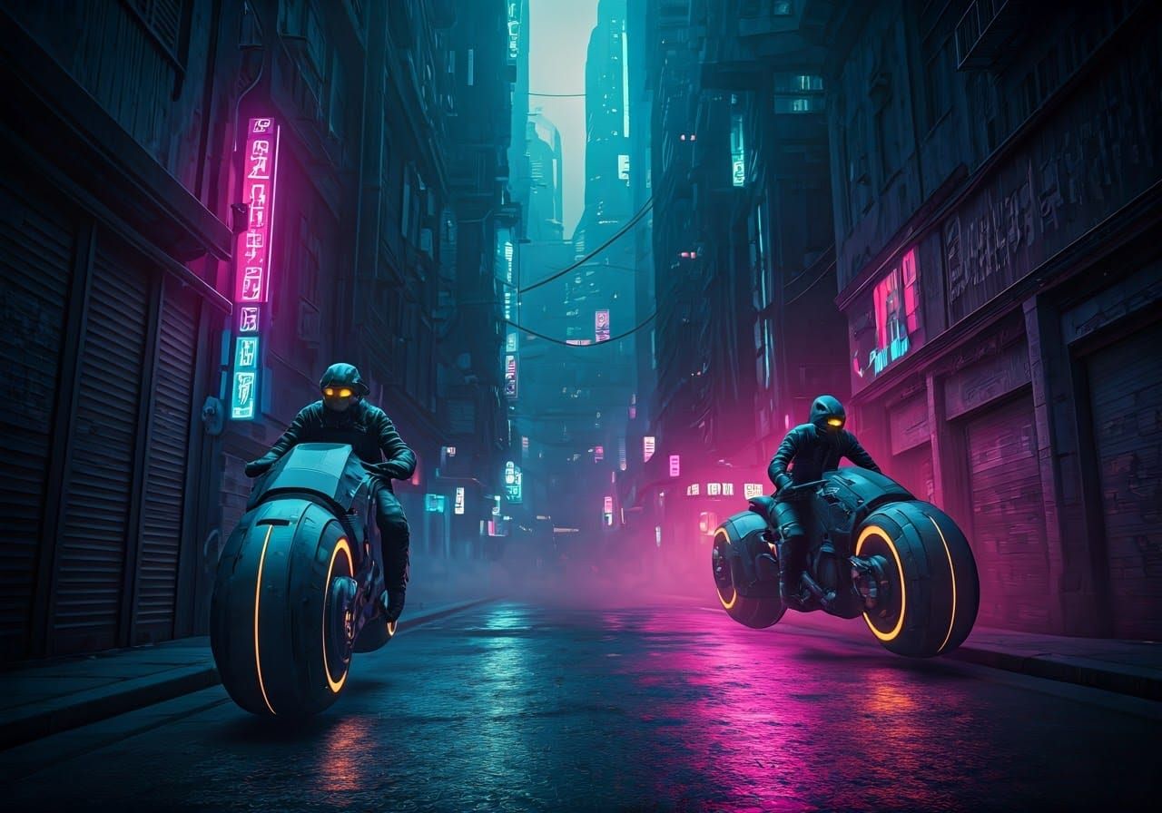 Cyberpunk Neon Hoverbike Race in Dystopian City