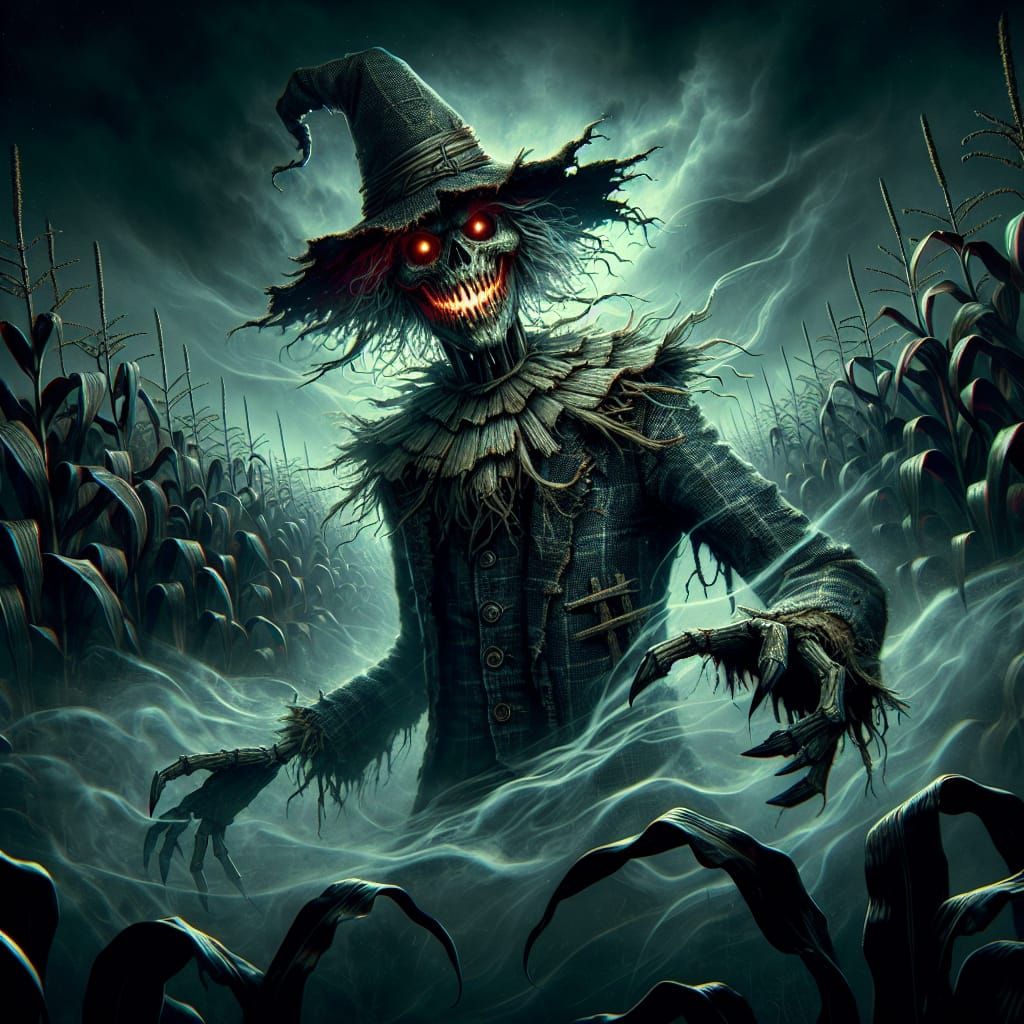 Sinister Scarecrow in Dark Cornfield: Dark Fantasy Art