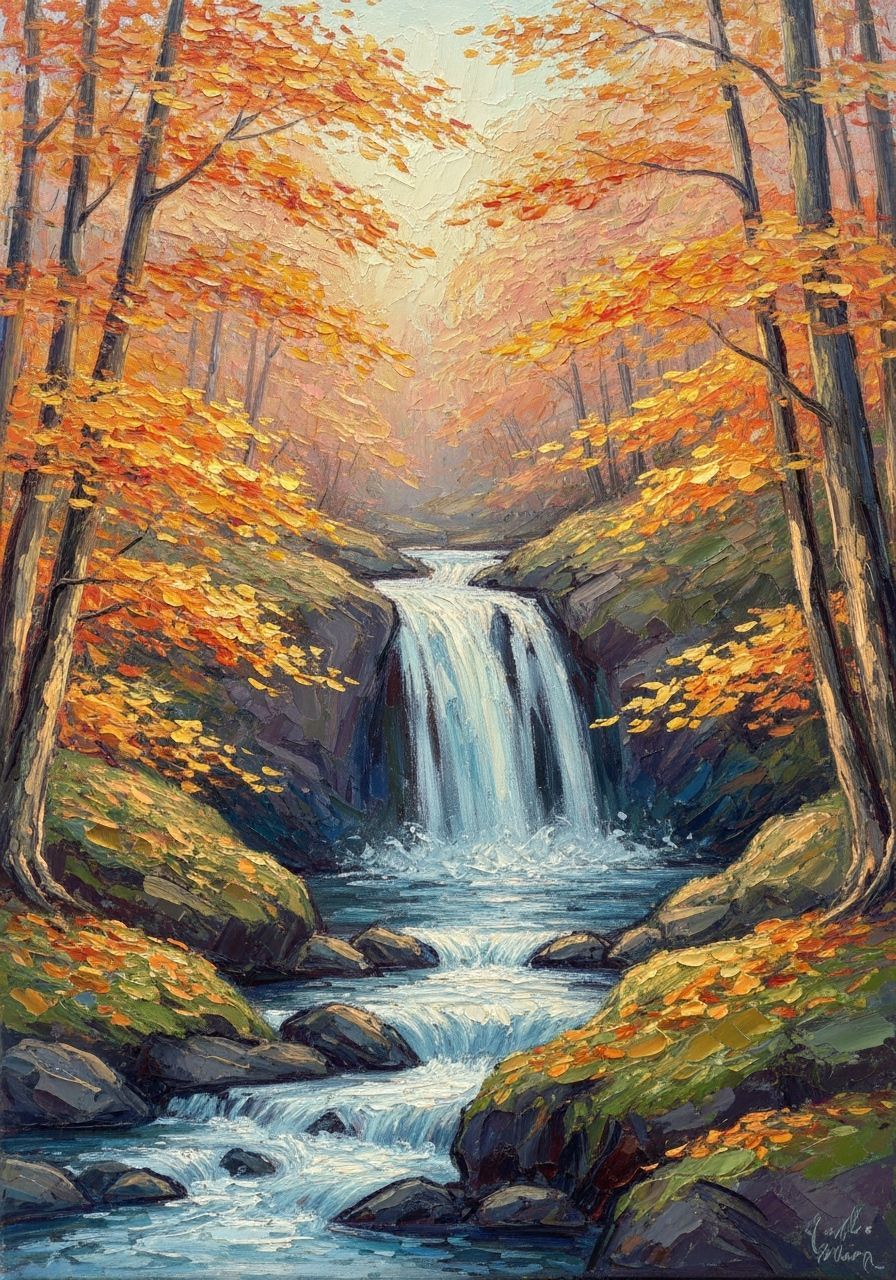Hidden Autumn Waterfall in Van Gogh Style