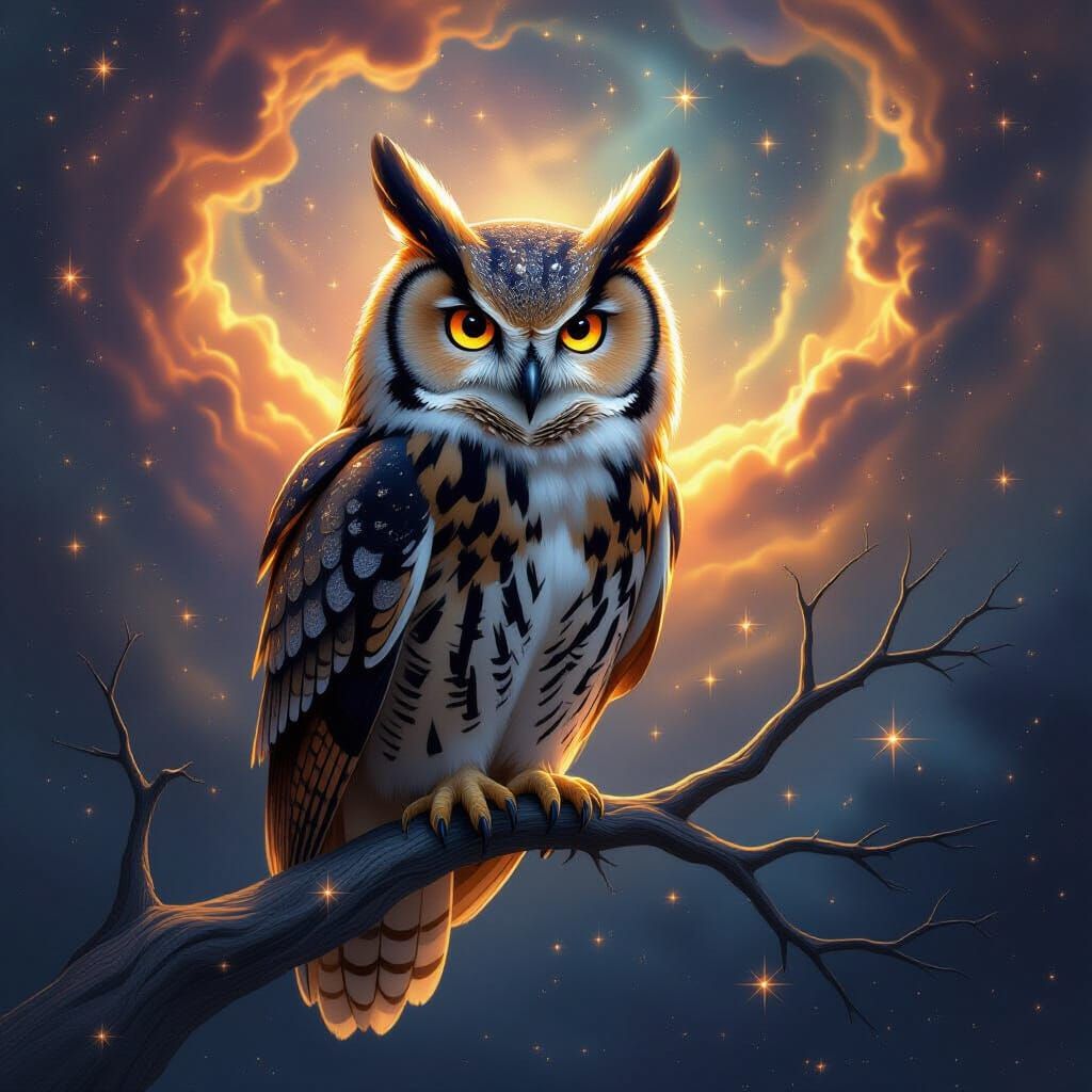 Golden Owl Perched in Cosmic Nebula