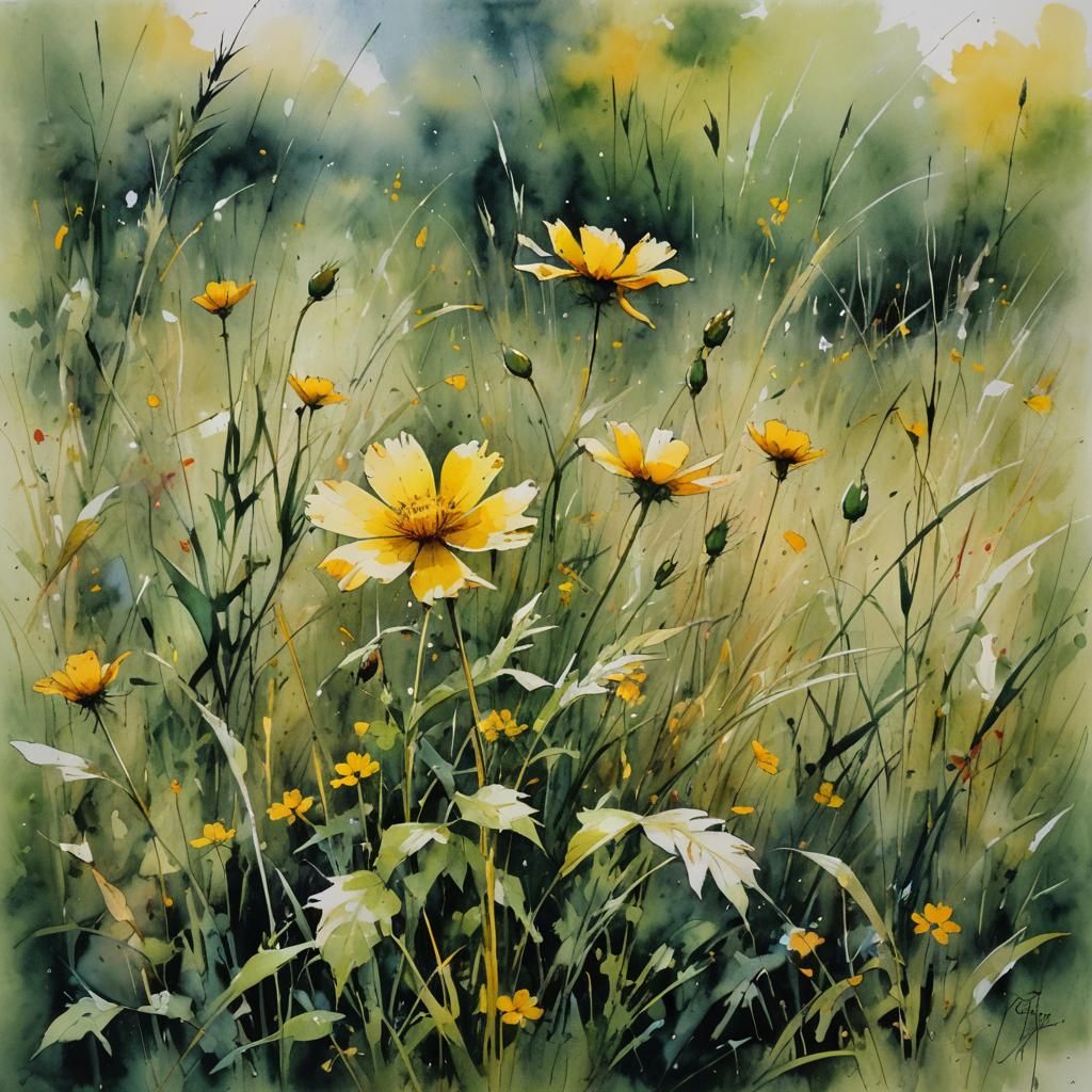 Yellow Summer Flower in Watercolor Field