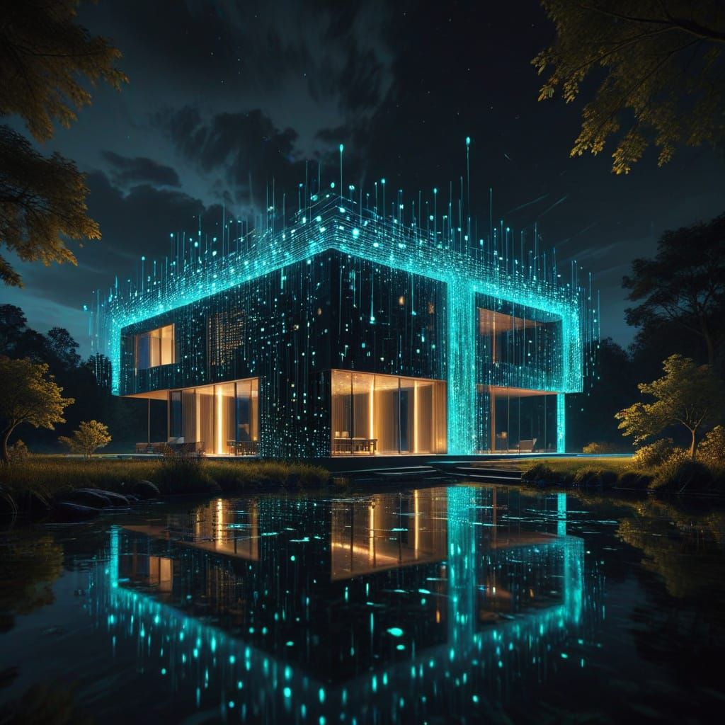 Futuristic House and Lake Made of Code