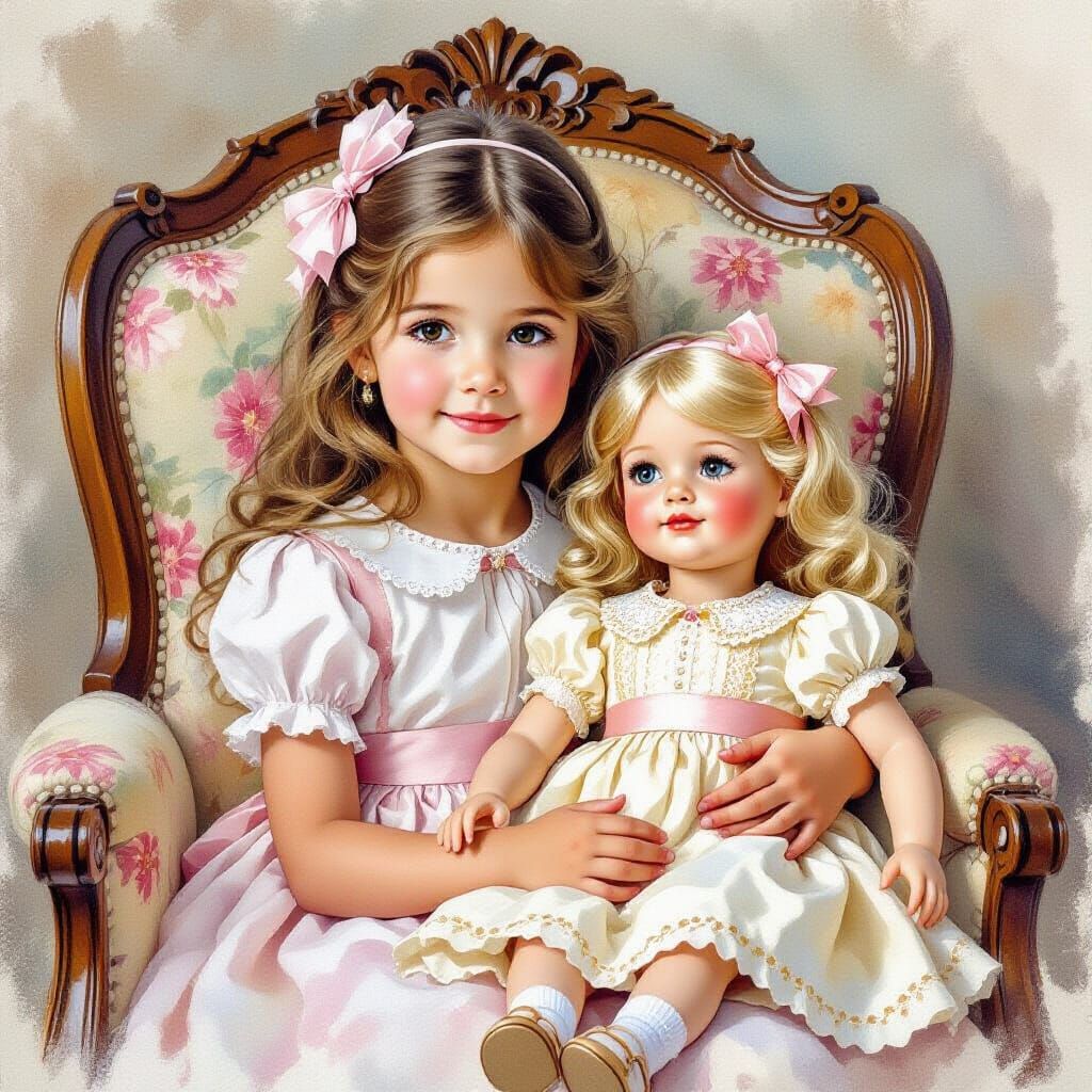 Rococo Watercolor Portrait of Girl and Doll on Armchair