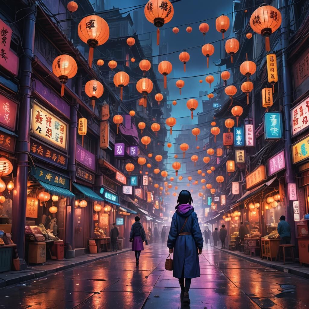 Chinese Woman in Neon Market: Fantasy Concept Art
