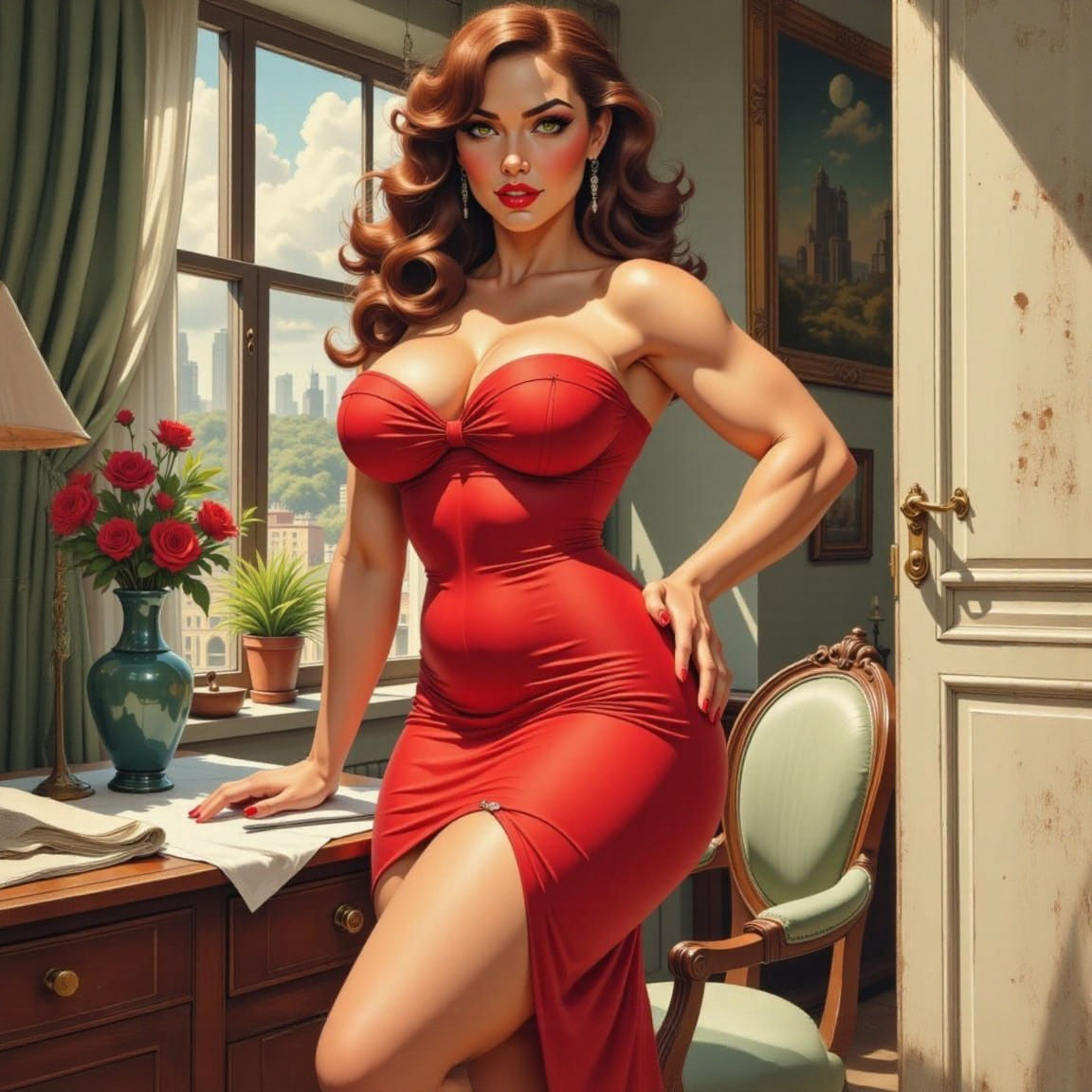 Muscular Woman in Sultry Pin-Up Portrait