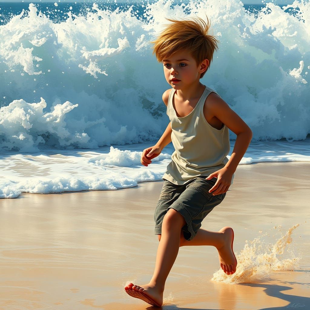 Hyperrealistic Boy Running on Beach with Waves