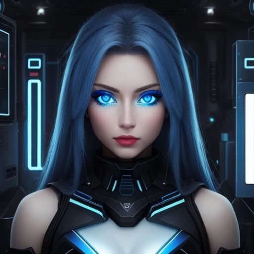 Girl with Piercing Electronic Blue Eyes