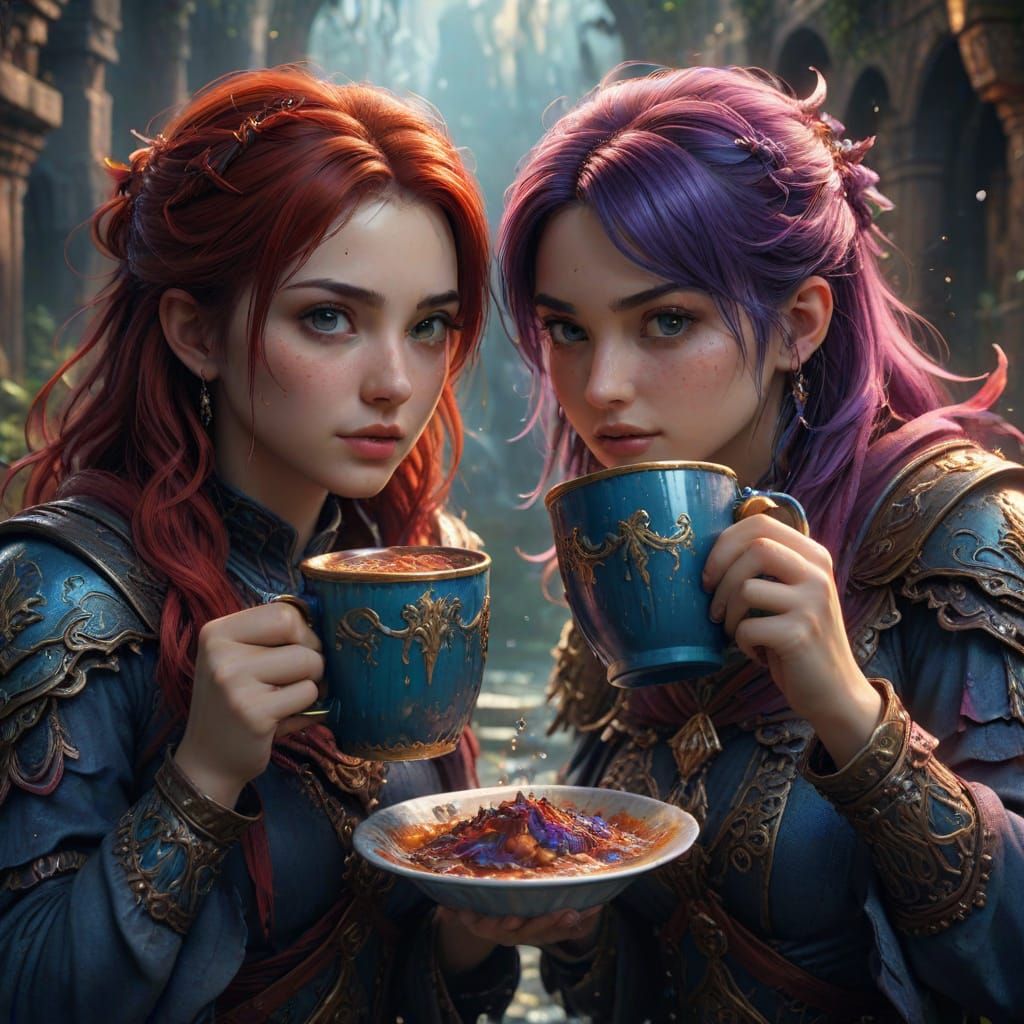 Fantastical Girls' Encounter in Vibrant, Dreamlike Landscape