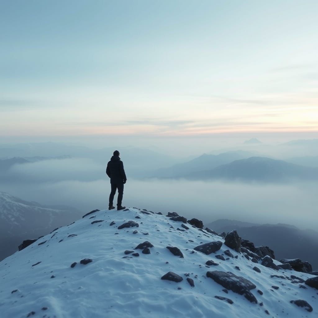 Lone Figure on Windswept Alps, Evoking Mono No Aware