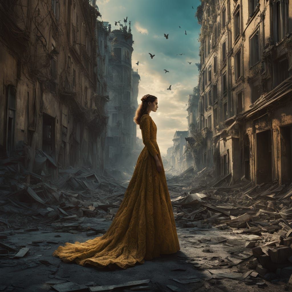 Surreal Belle Époque Woman in Ruined Cityscape