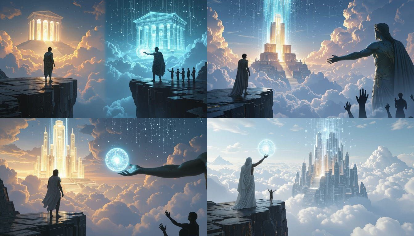 Cyberpunk Prometheus and Epimetheus in Futuristic Temple