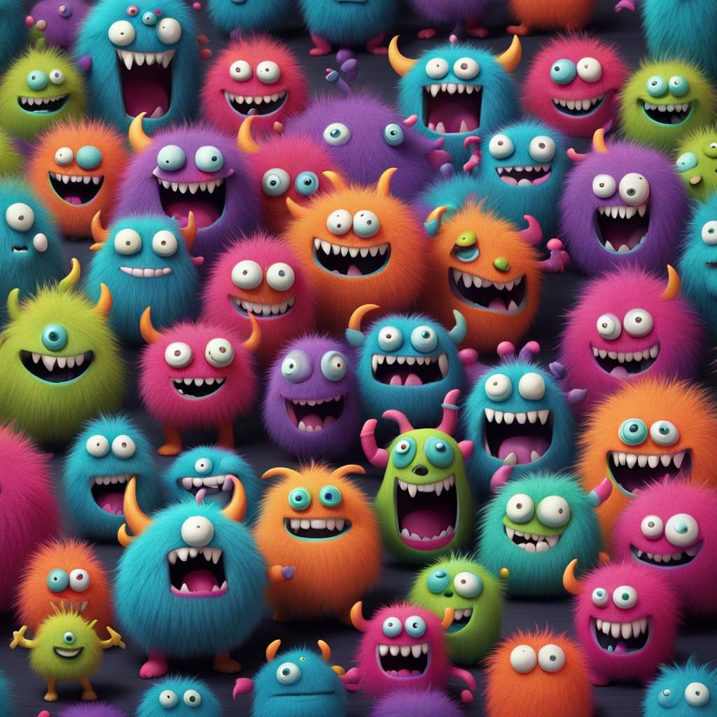 Hilarious Fuzzy Monsters Laughing: Whimsical Digital Renderi...