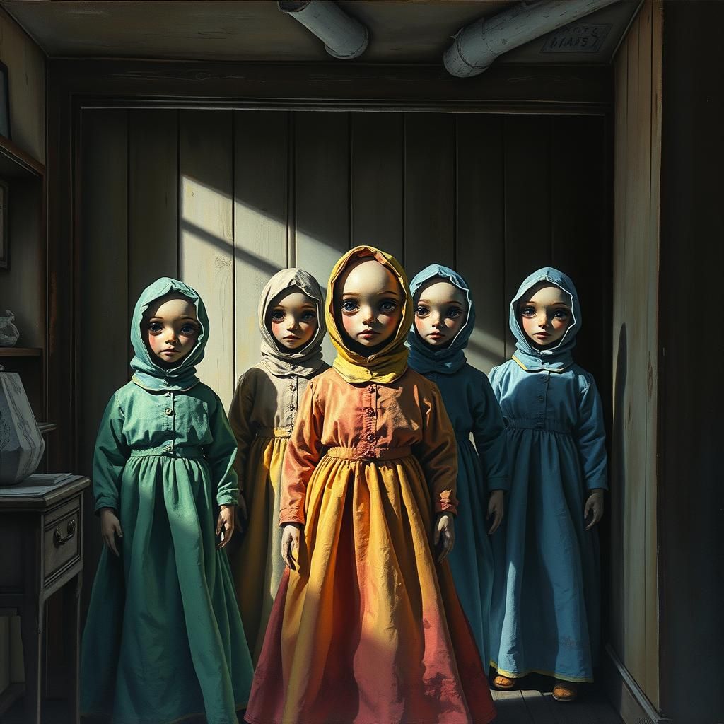 Eine düstere Aquarell-Darstellung von Puppen mit farbenfrohe...