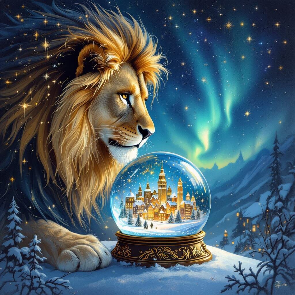 Stardust Lion Gazing at Snow Globe City