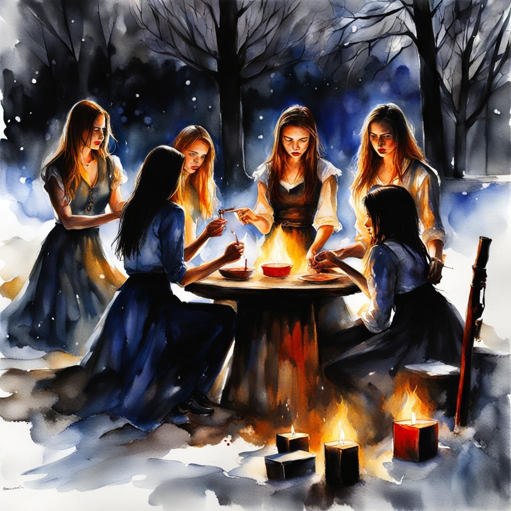 Sorority Witches Christmas Ritual in Mixed Media Style