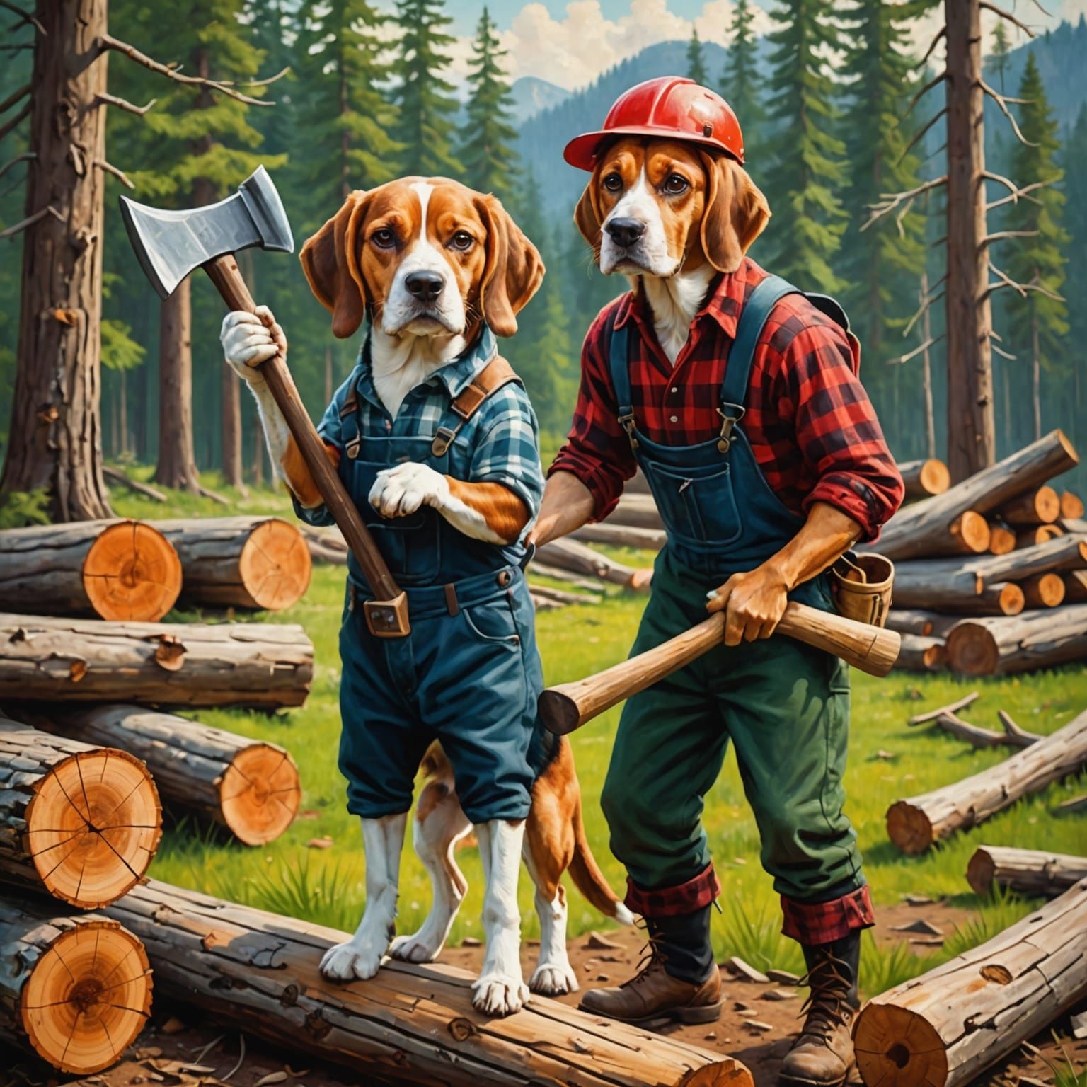 photo of beagle dog as human looking lumberjack holding chop...