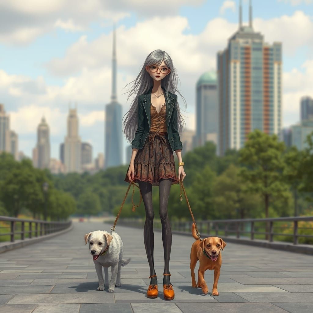 Whimsical Woman Walking Dog in Miyazaki Style