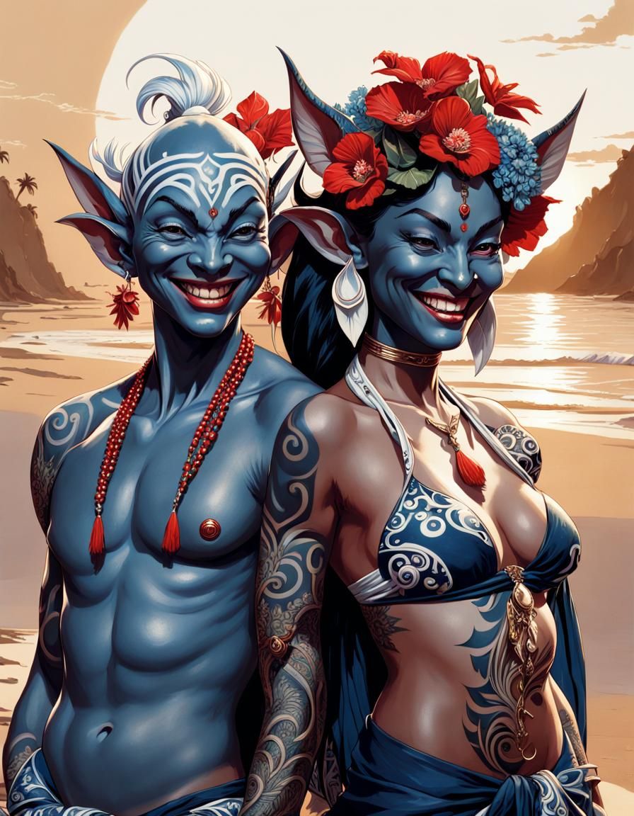 Blue Maori Goblins Prancing on a Beach