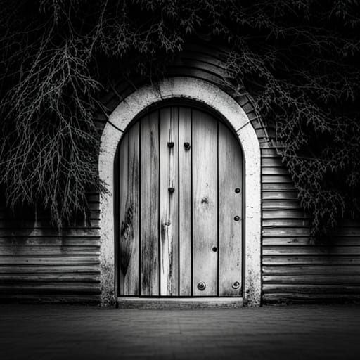 Monochrome Ancient Wooden Door in Fantasy Landscape