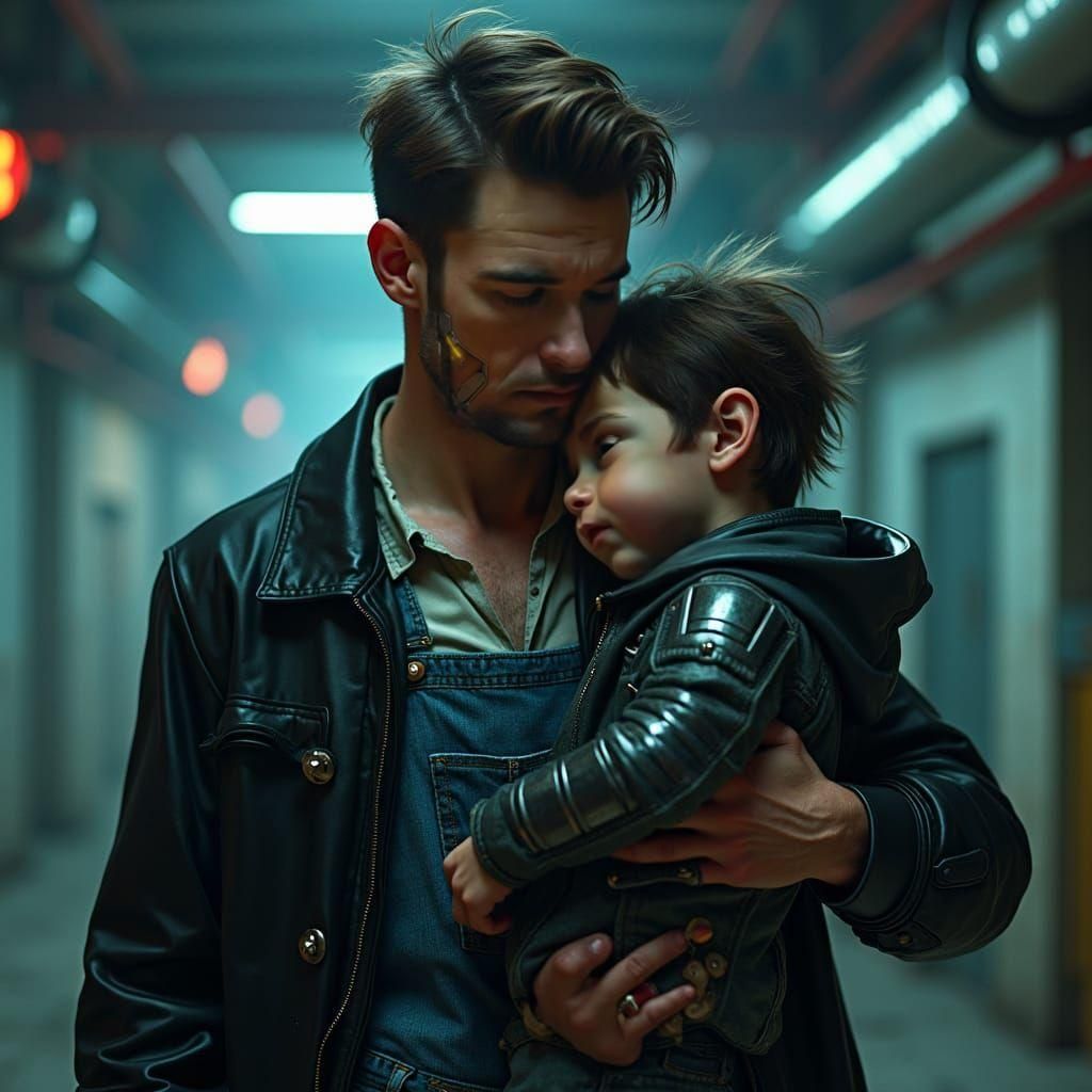 Man Comforting a Cyborg Child