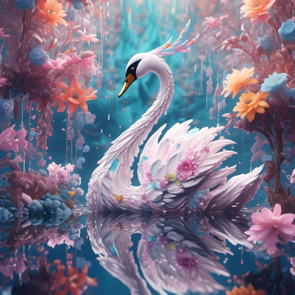 Pastel Swan Fantasy Artwork in Detailed Fractal Colors