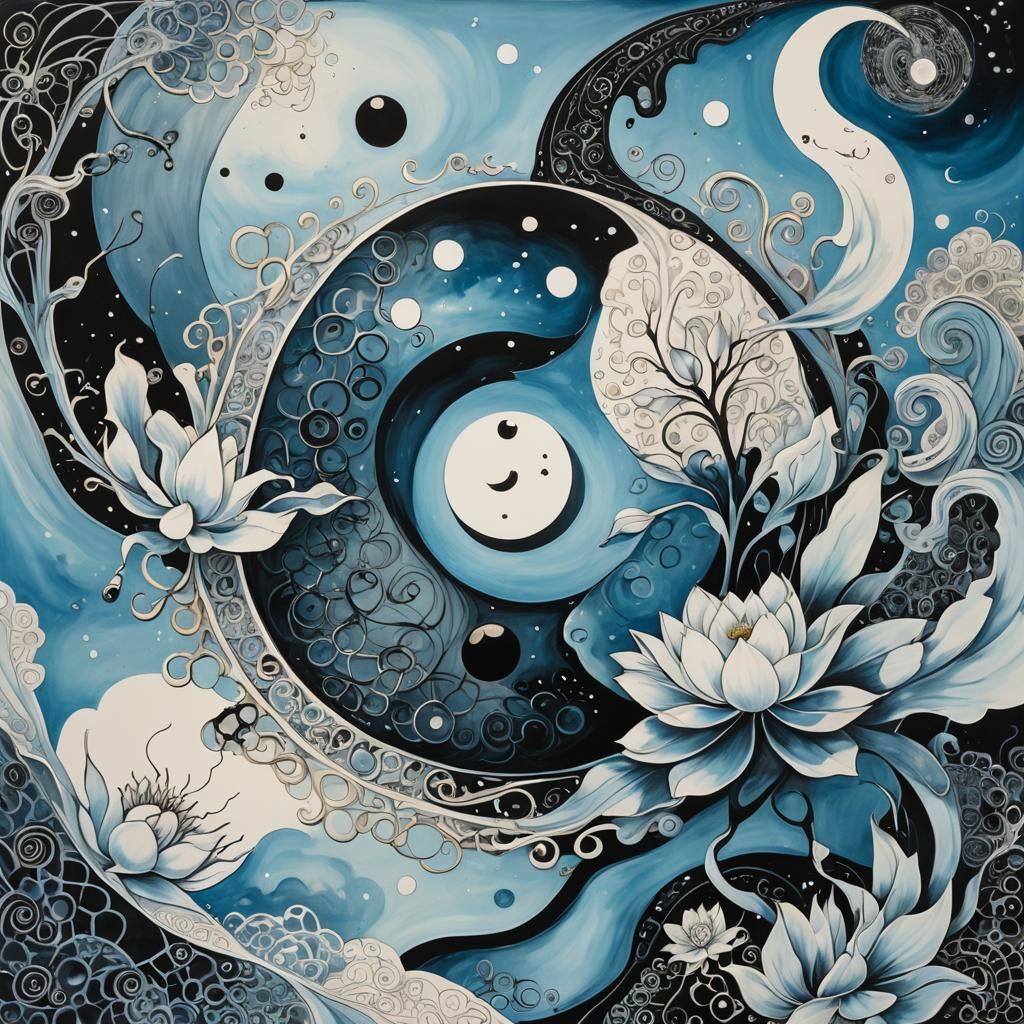 Surreal Glowing Yin Yang Lotus in Moonlight