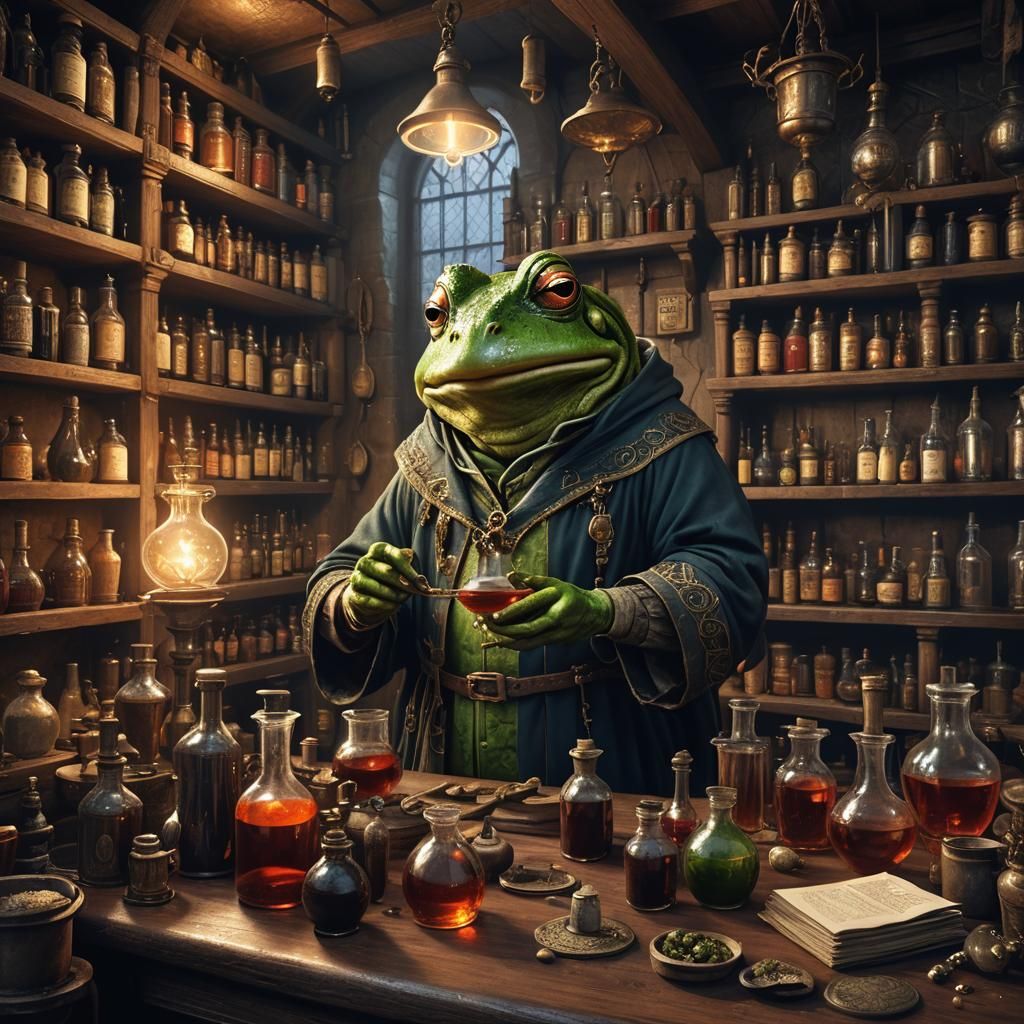 Frog Alchemist Brewing Potion in Medieval Lab