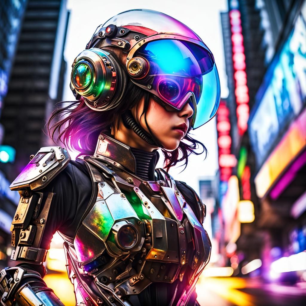 Mecha Armor Girl in Cyberpunk Megalopolis