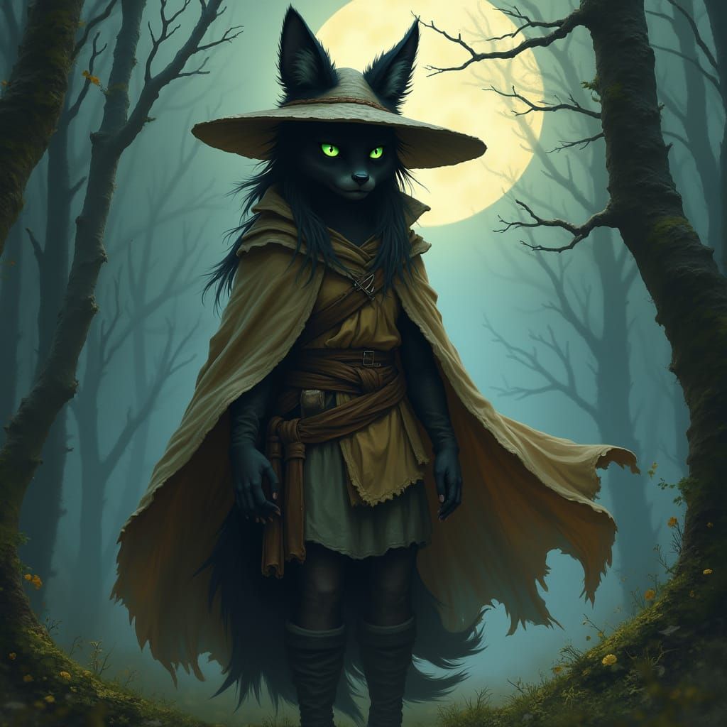 Mystical Kitsune in Moonlit Forest, Inspired by Cyberpunk an...