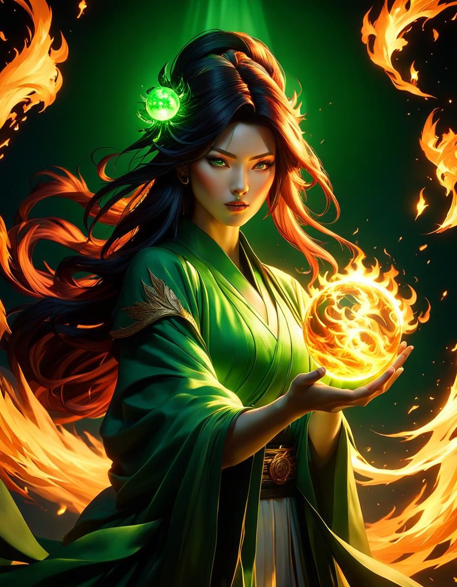 Japanese Sorceress with Glowing Fireball