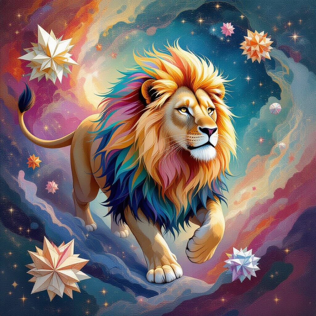 Celestial Lion Prowling Nebula in Art Nouveau Style