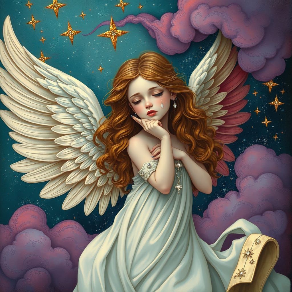Crying Angel in Ethereal, Shimmering Landscape