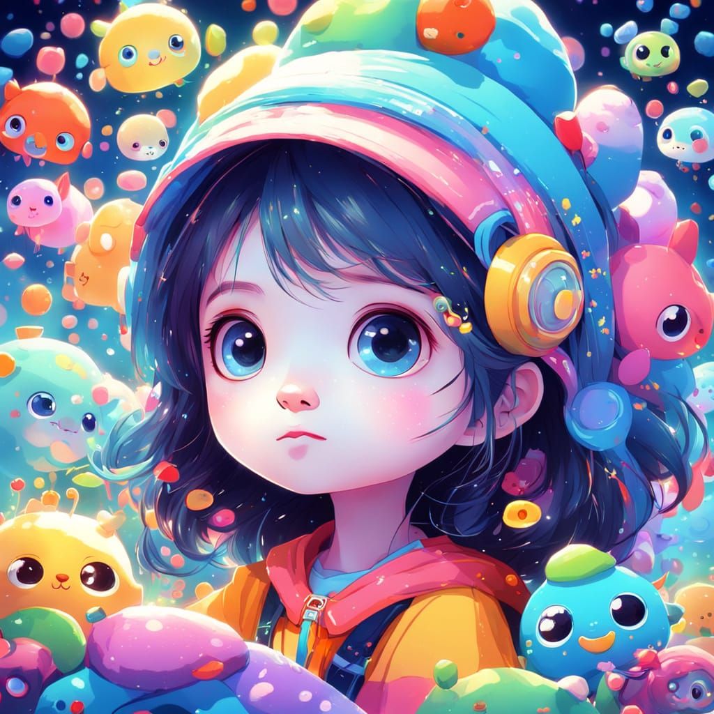 Joyful Kawaii Art with Big Eyes and Soft Shapes