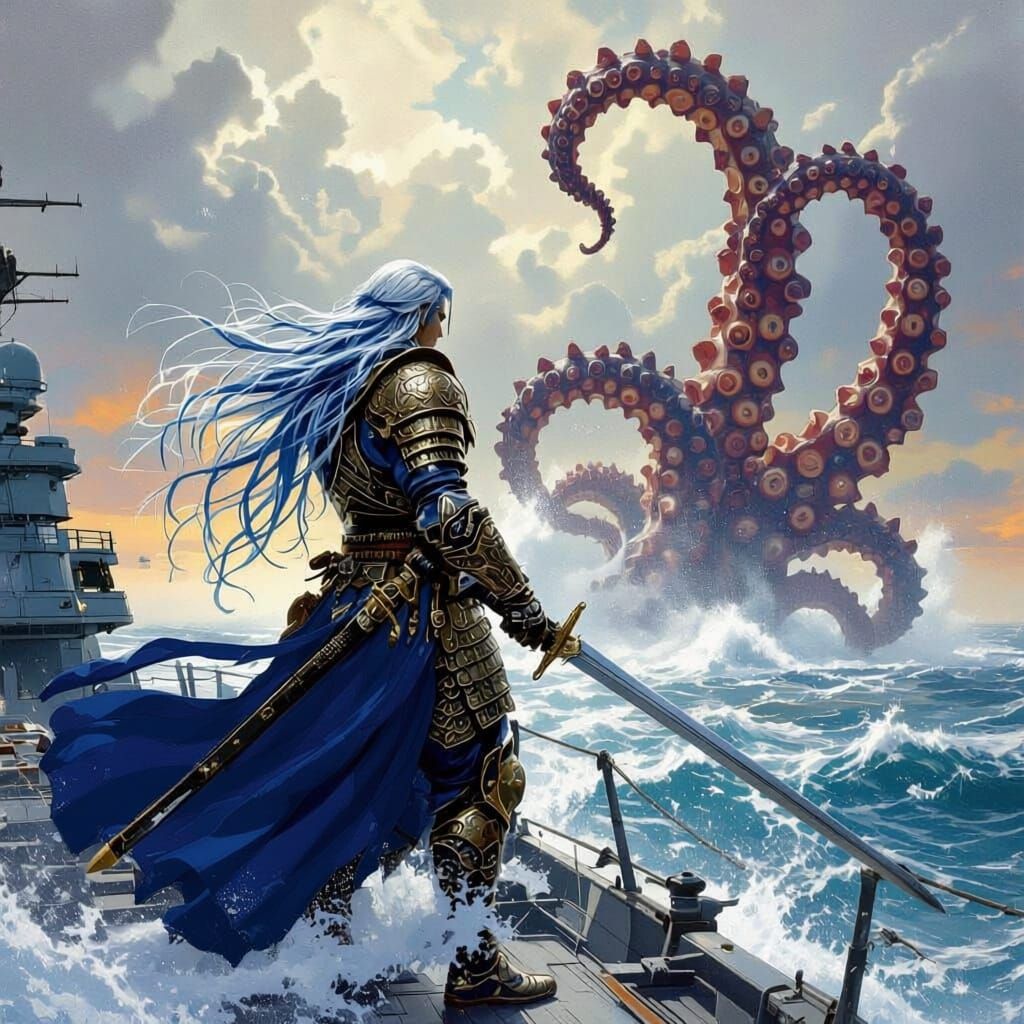 Swordsman Battles Kraken on Destroyer, Epic Fantasy Art
