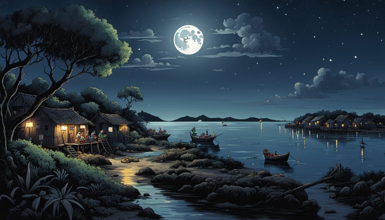 Moonlit Fishing Village in Cartoon Style