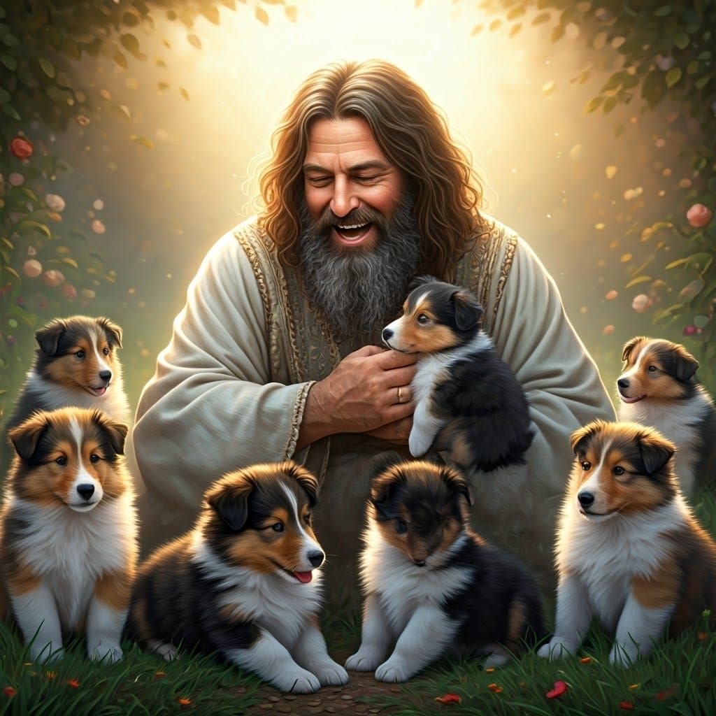 Bearded Gentleman Surrounded by Scottish Shepherd Puppies in...