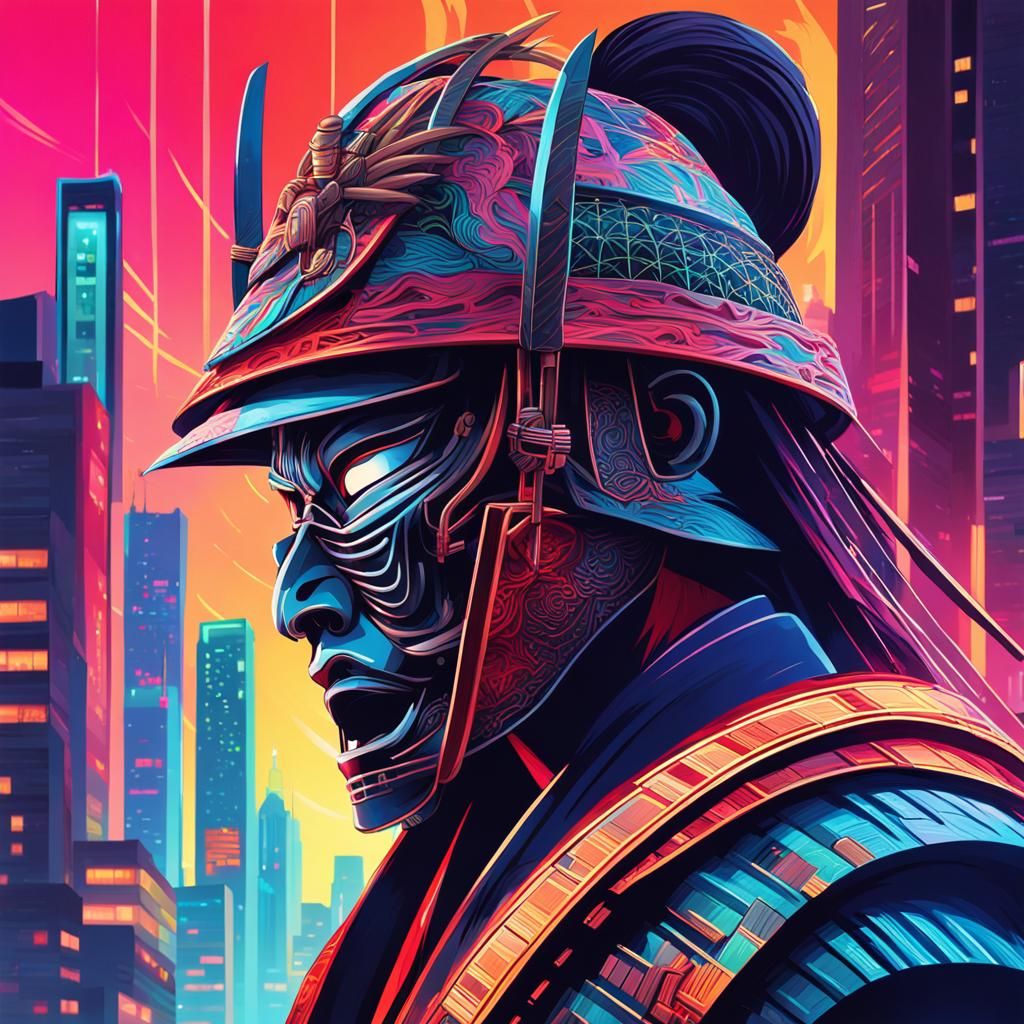 Futuristic Samurai Warrior in Art Deco Neon City