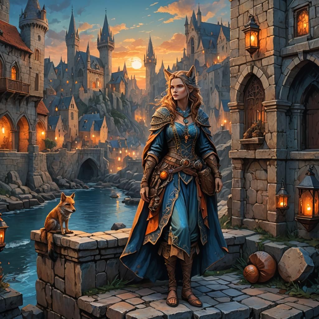 Jackal Woman Overlooking Medieval City as Matte Painting