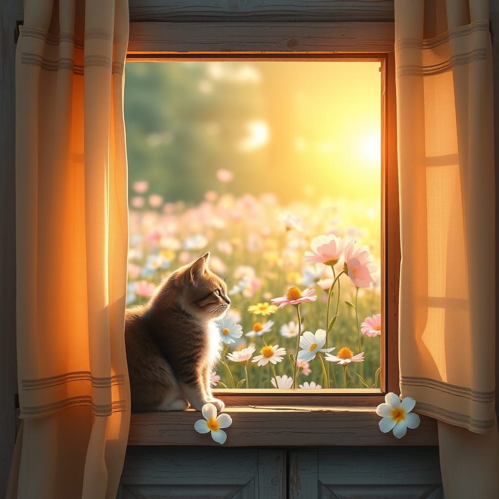 Whimsical Cat Surveys Vibrant Floral Camp