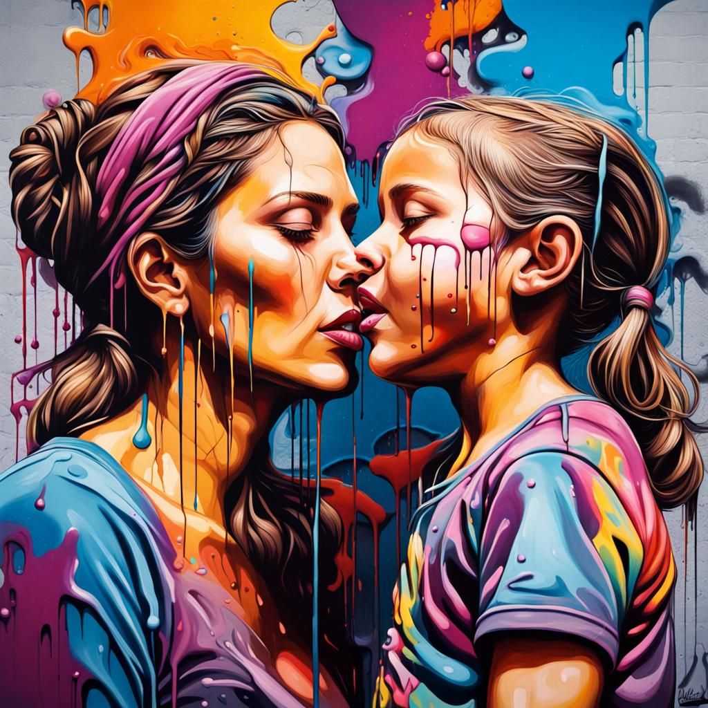 Vibrant Graffiti Art of Mother and Child