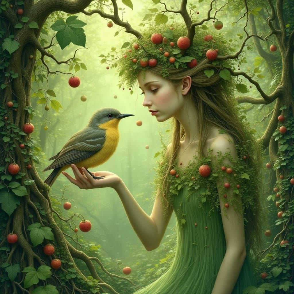 Forest Fairy Feeding a Bird in Lush Wilderness