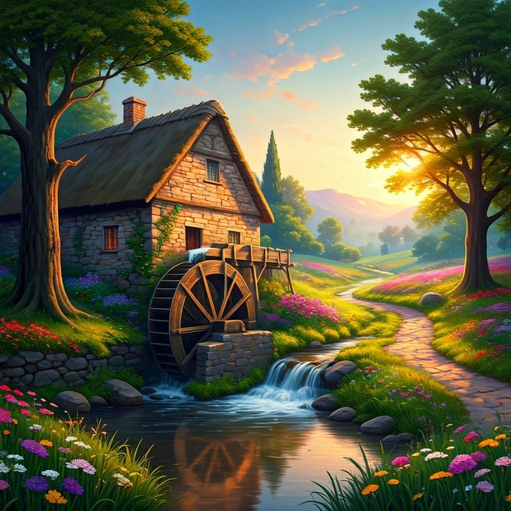 Rustic Waterwheel in Golden Countryside